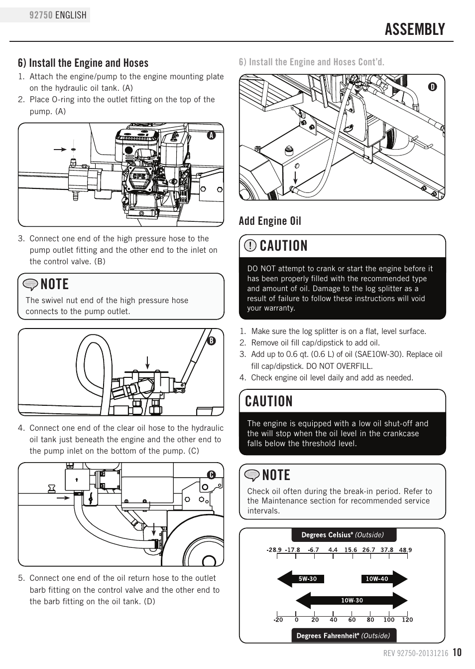 Assembly, Caution, 6) install the engine and hoses | Add engine oil | Champion Power Equipment 92750 User Manual | Page 13 / 29