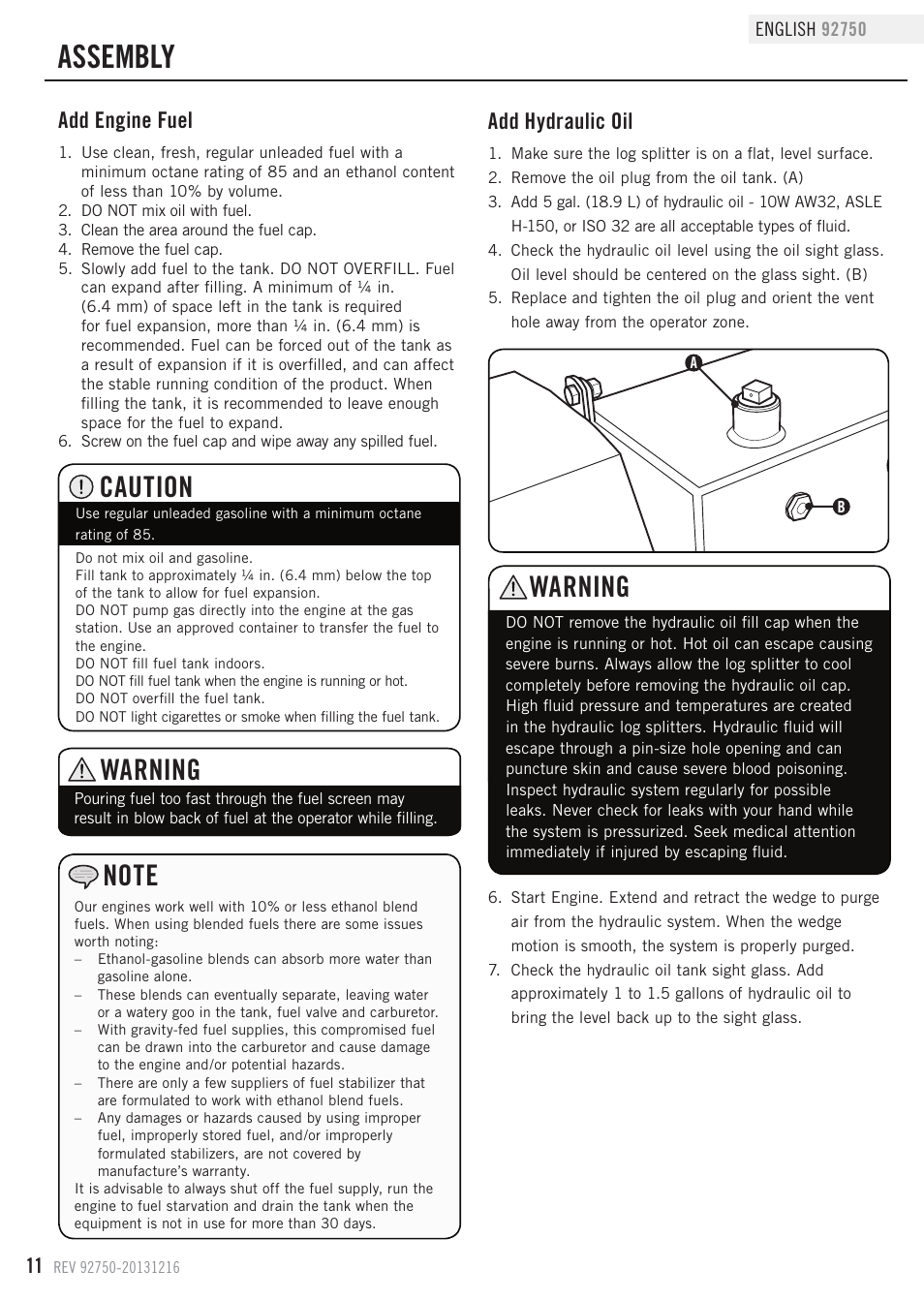 Assembly, Warning, Caution | Add hydraulic oil, Add engine fuel | Champion Power Equipment 92750 User Manual | Page 14 / 29