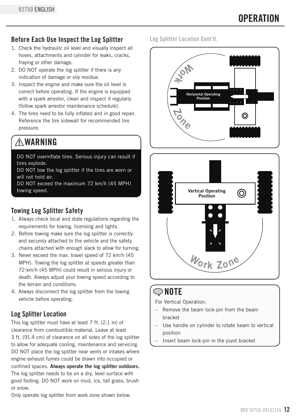 Operation, Work zone, Wo rk zo ne | Warning | Champion Power Equipment 92750 User Manual | Page 15 / 29