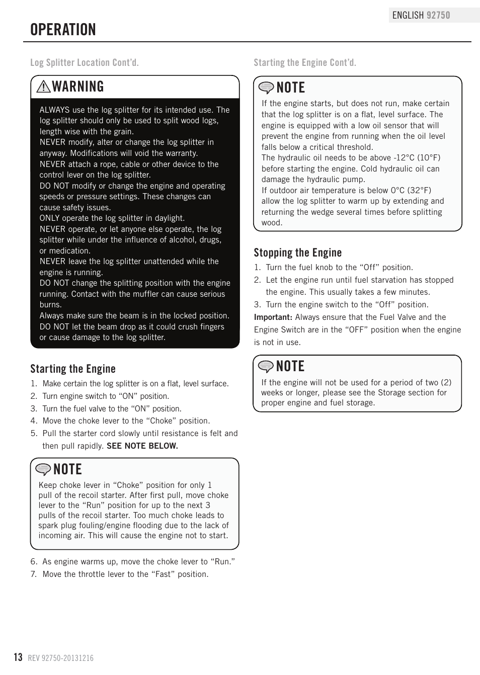 Operation, Warning | Champion Power Equipment 92750 User Manual | Page 16 / 29