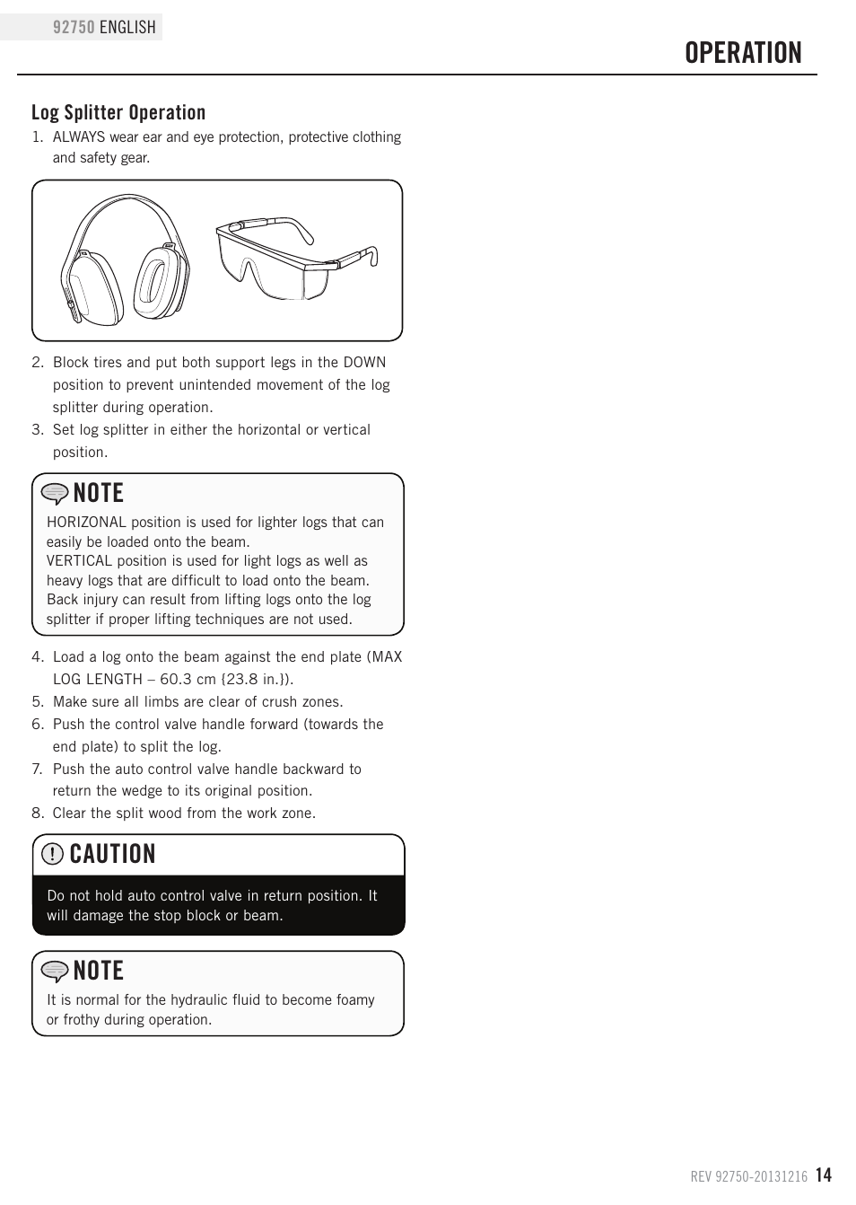 Operation, Caution, Log splitter operation | Champion Power Equipment 92750 User Manual | Page 17 / 29