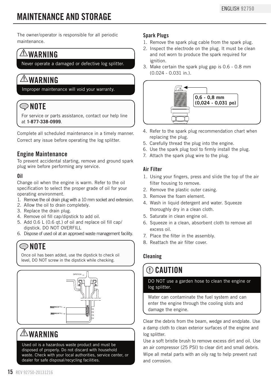 Maintenance and storage, Warning, Caution | Engine maintenance | Champion Power Equipment 92750 User Manual | Page 18 / 29