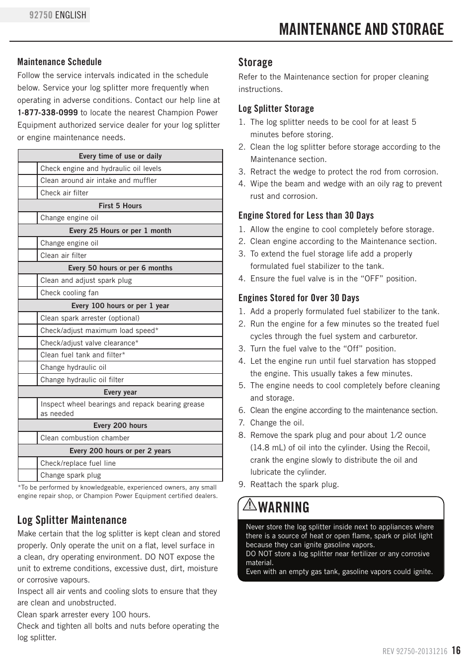 Maintenance and storage, Warning, Log splitter maintenance | Storage | Champion Power Equipment 92750 User Manual | Page 19 / 29