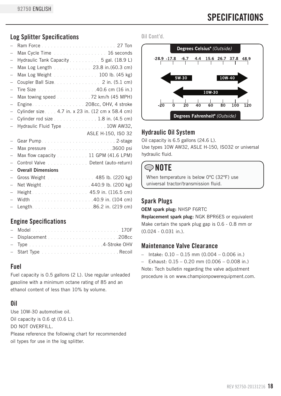 Specifications, Fuel, Log splitter specifications | Maintenance valve clearance, Spark plugs, Hydraulic oil system, Engine specifications | Champion Power Equipment 92750 User Manual | Page 21 / 29