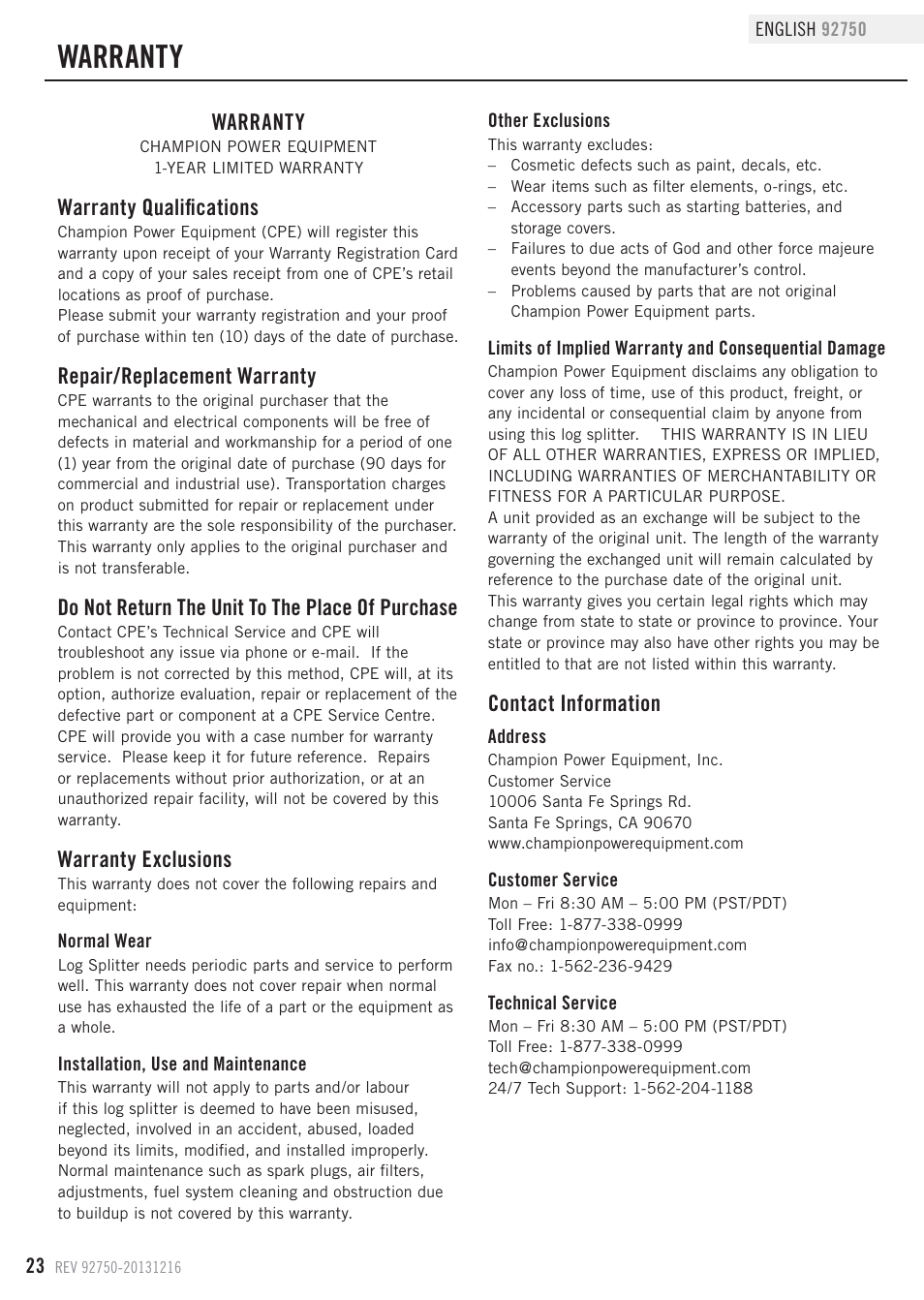 Warranty, Warranty qualifications, Repair/replacement warranty | Do not return the unit to the place of purchase, Warranty exclusions, Contact information | Champion Power Equipment 92750 User Manual | Page 26 / 29