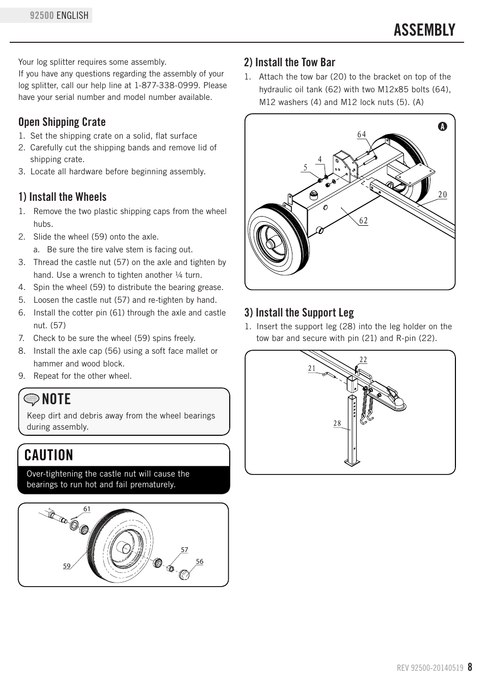 Assembly, Caution, Open shipping crate | 2) install the tow bar, 1) install the wheels, 3) install the support leg | Champion Power Equipment 92500 User Manual | Page 11 / 31