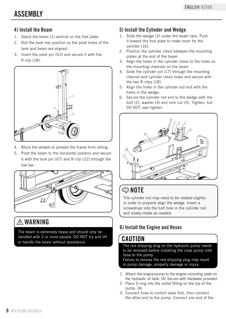 Assembly, Warning, Caution | 5) install the cylinder and wedge, 4) install the beam, 6) install the engine and hoses | Champion Power Equipment 92500 User Manual | Page 12 / 31