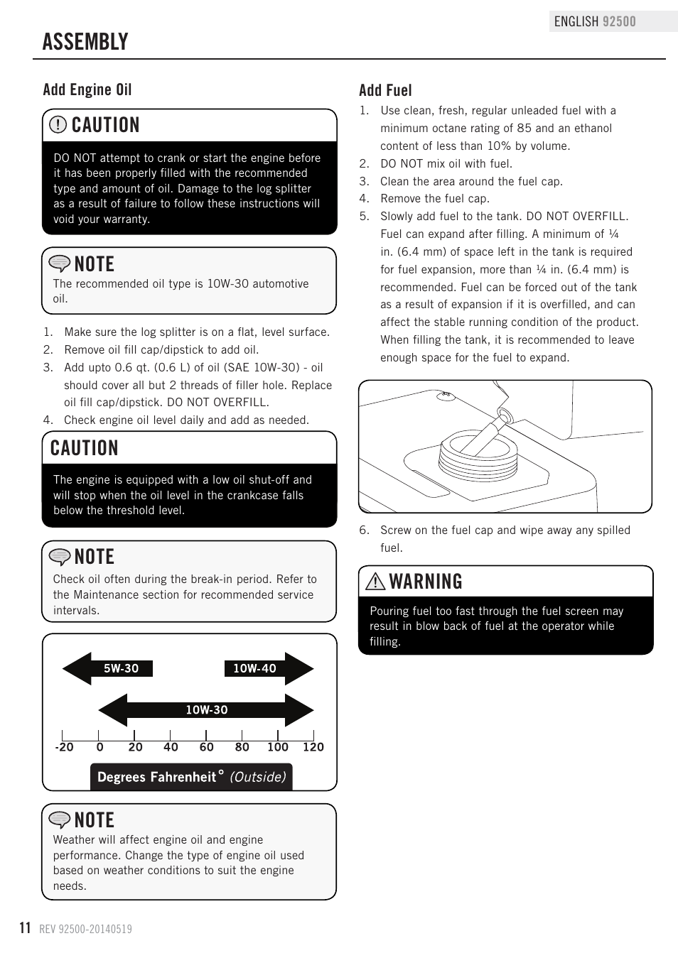 Assembly, Caution, Warning | Champion Power Equipment 92500 User Manual | Page 14 / 31