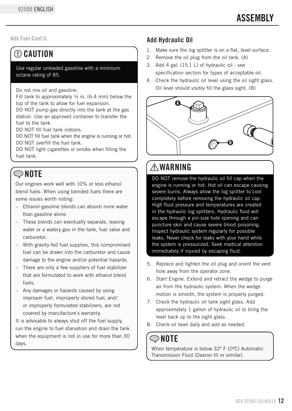 Assembly, Warning, Caution | Add hydraulic oil | Champion Power Equipment 92500 User Manual | Page 15 / 31