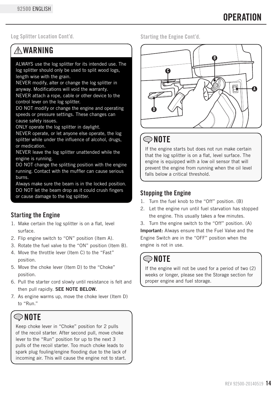 Operation, Warning, Starting the engine | Stopping the engine | Champion Power Equipment 92500 User Manual | Page 17 / 31