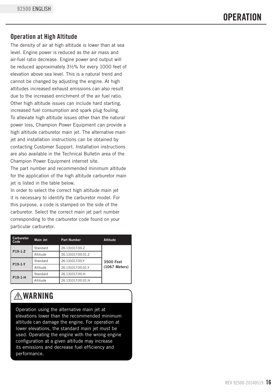 Operation, Warning, Operation at high altitude | Champion Power Equipment 92500 User Manual | Page 19 / 31