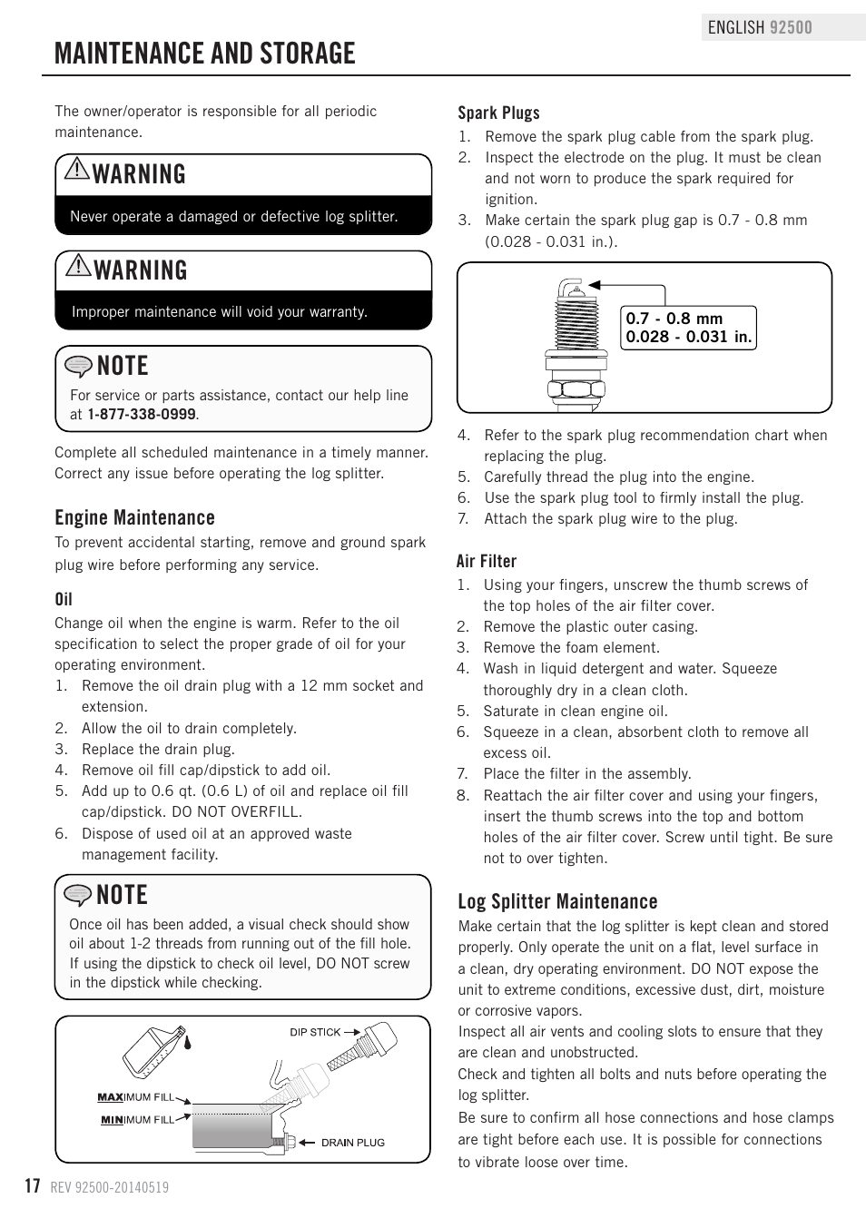 Maintenance and storage, Warning, Engine maintenance | Log splitter maintenance | Champion Power Equipment 92500 User Manual | Page 20 / 31