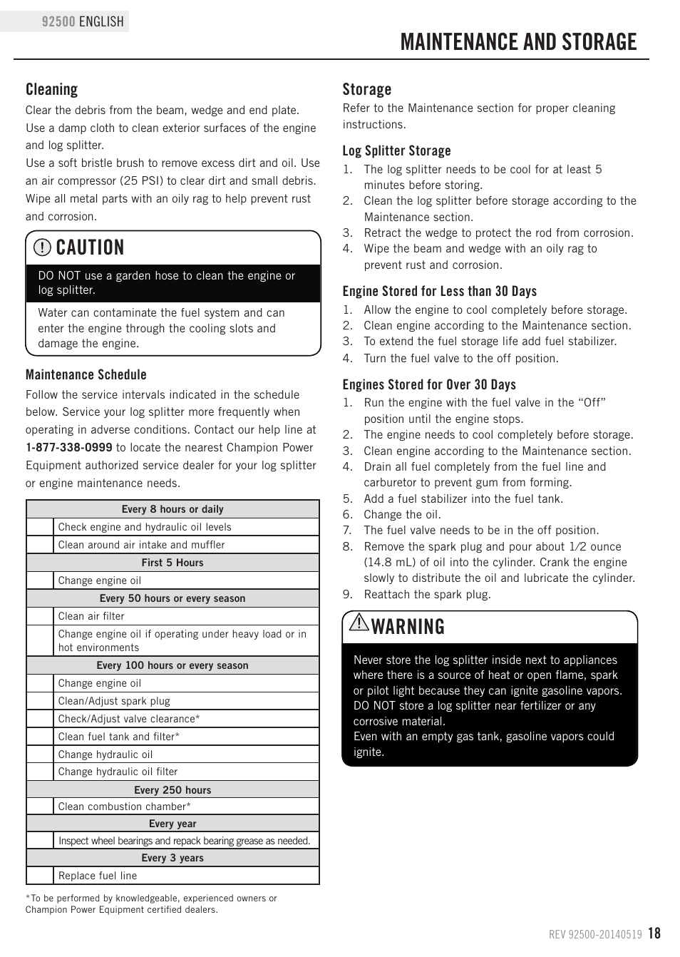 Maintenance and storage, Caution, Warning | Cleaning, Storage | Champion Power Equipment 92500 User Manual | Page 21 / 31