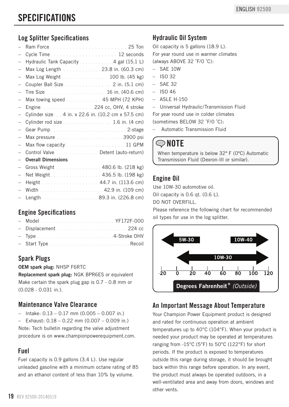 Specifications, Engine oil, Fuel | Log splitter specifications, Engine specifications, Maintenance valve clearance, Spark plugs, An important message about temperature, Hydraulic oil system | Champion Power Equipment 92500 User Manual | Page 22 / 31