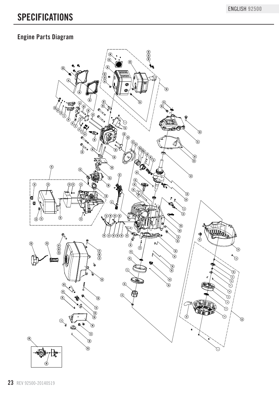 Specifications, Engine parts diagram | Champion Power Equipment 92500 User Manual | Page 26 / 31