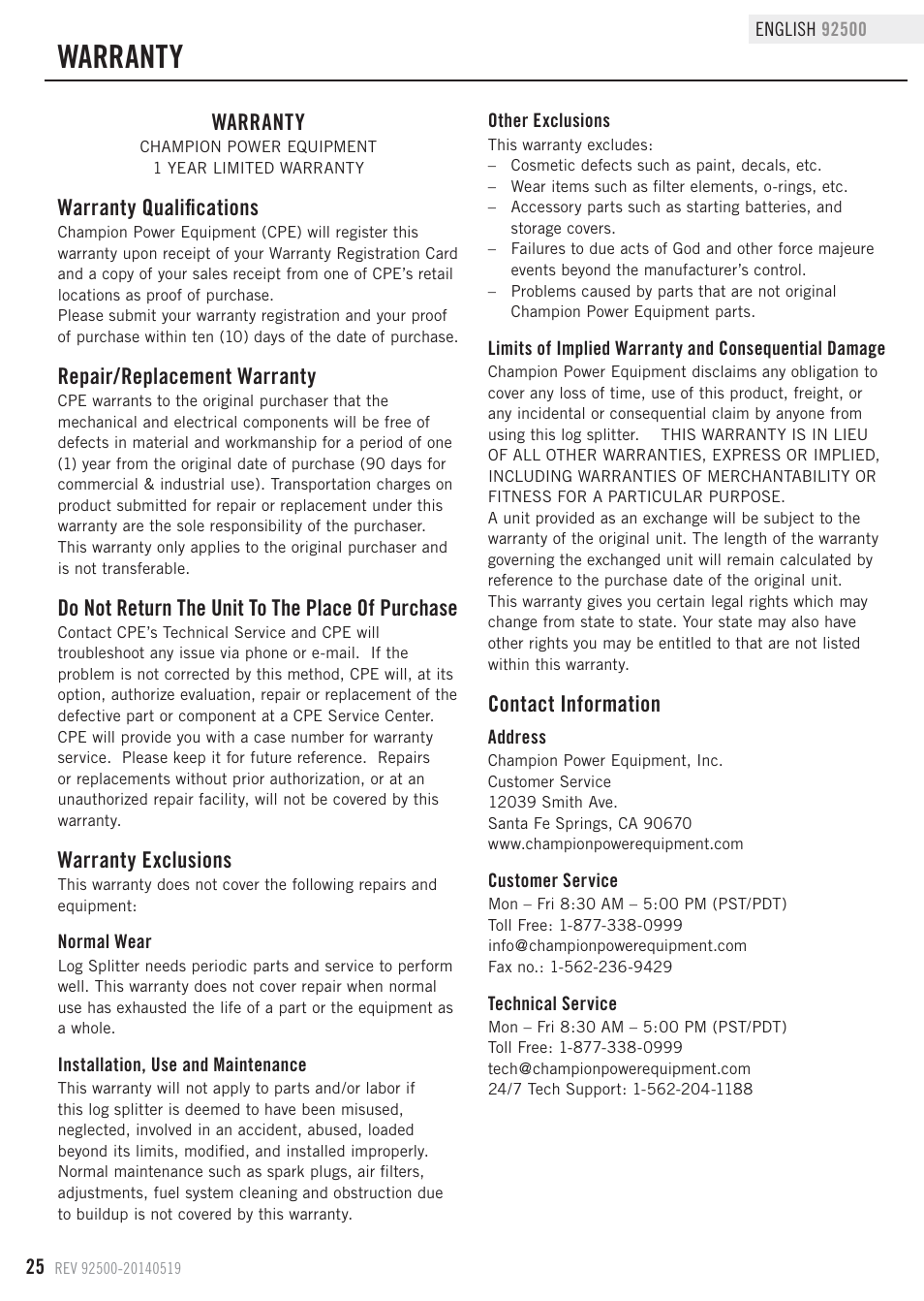 Warranty, Warranty qualifications, Repair/replacement warranty | Do not return the unit to the place of purchase, Warranty exclusions, Contact information | Champion Power Equipment 92500 User Manual | Page 28 / 31