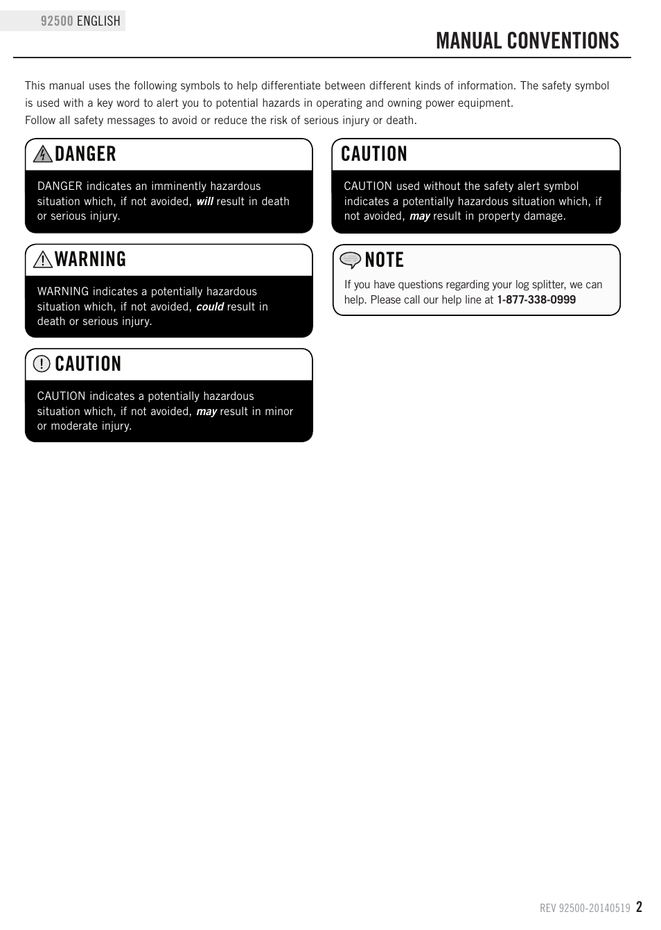 Manual conventions, Caution, Danger | Warning | Champion Power Equipment 92500 User Manual | Page 5 / 31