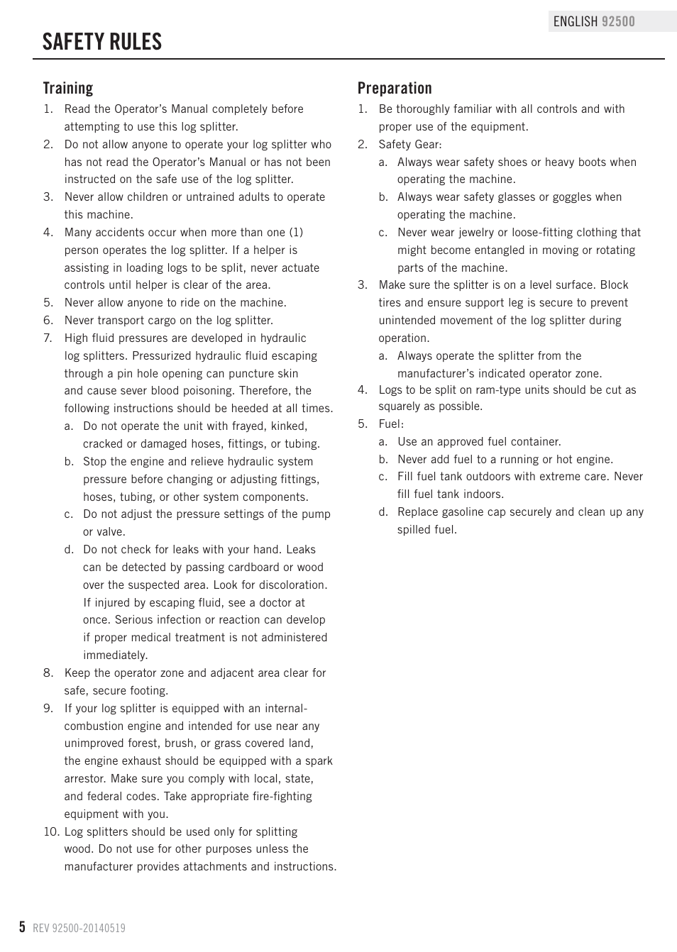 Safety rules, Training, Preparation | Champion Power Equipment 92500 User Manual | Page 8 / 31