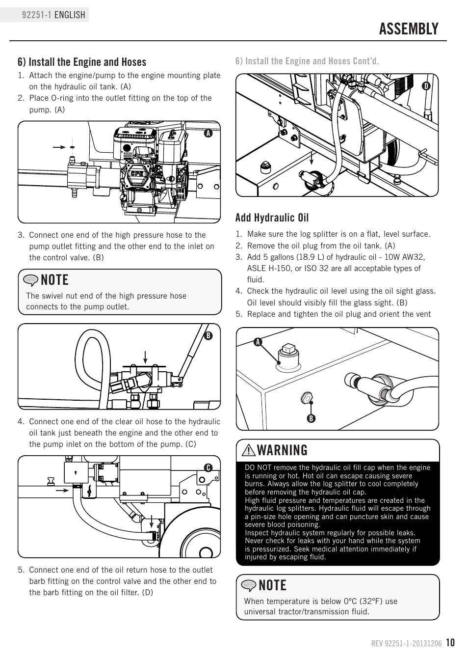 Assembly, Warning, 6) install the engine and hoses | Add hydraulic oil | Champion Power Equipment 92251-1 User Manual | Page 13 / 31