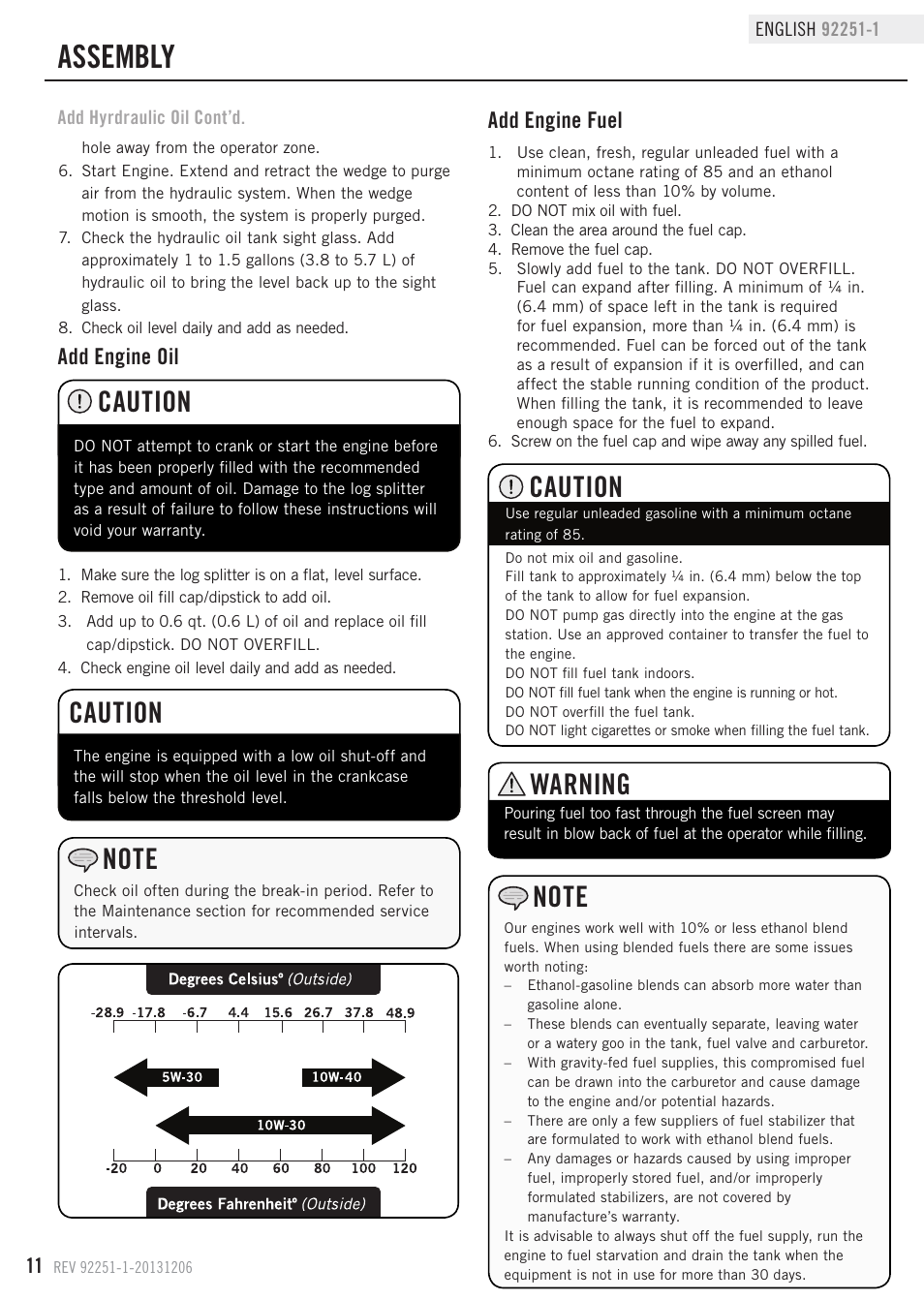 Assembly, Caution, Warning | Add engine oil, Add engine fuel | Champion Power Equipment 92251-1 User Manual | Page 14 / 31