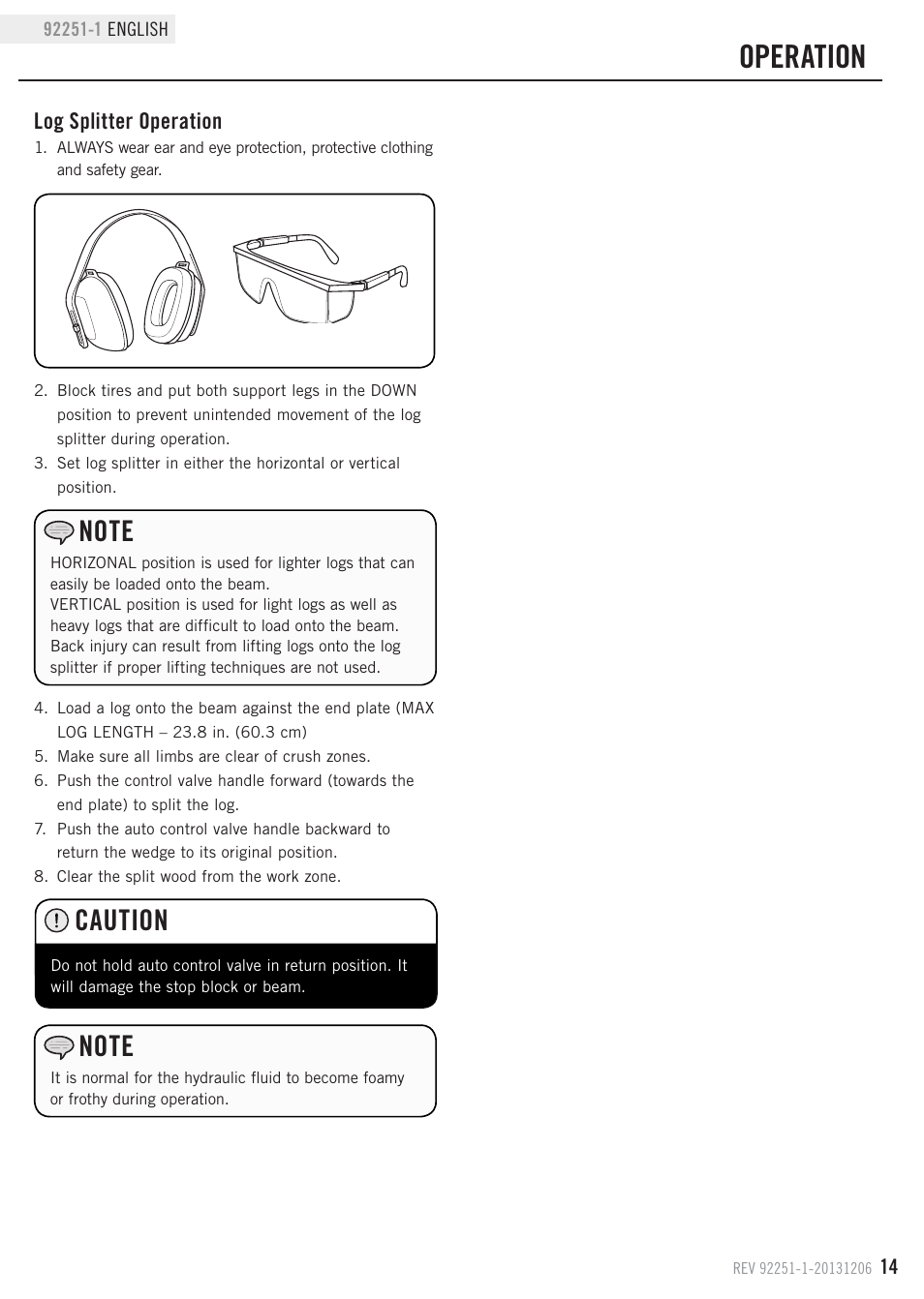 Operation, Caution, Log splitter operation | Champion Power Equipment 92251-1 User Manual | Page 17 / 31