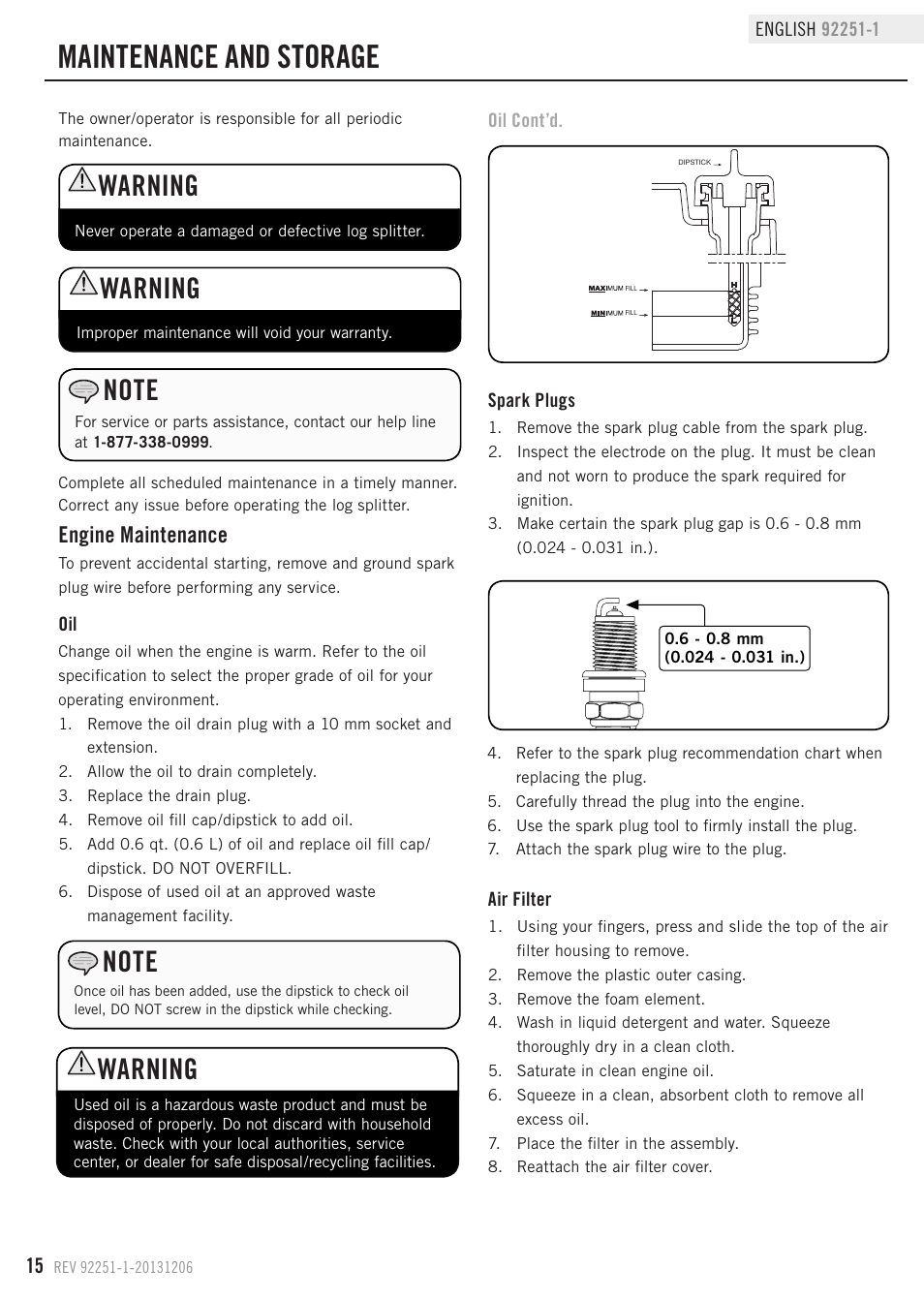 Maintenance and storage, Warning, Engine maintenance | Champion Power Equipment 92251-1 User Manual | Page 18 / 31