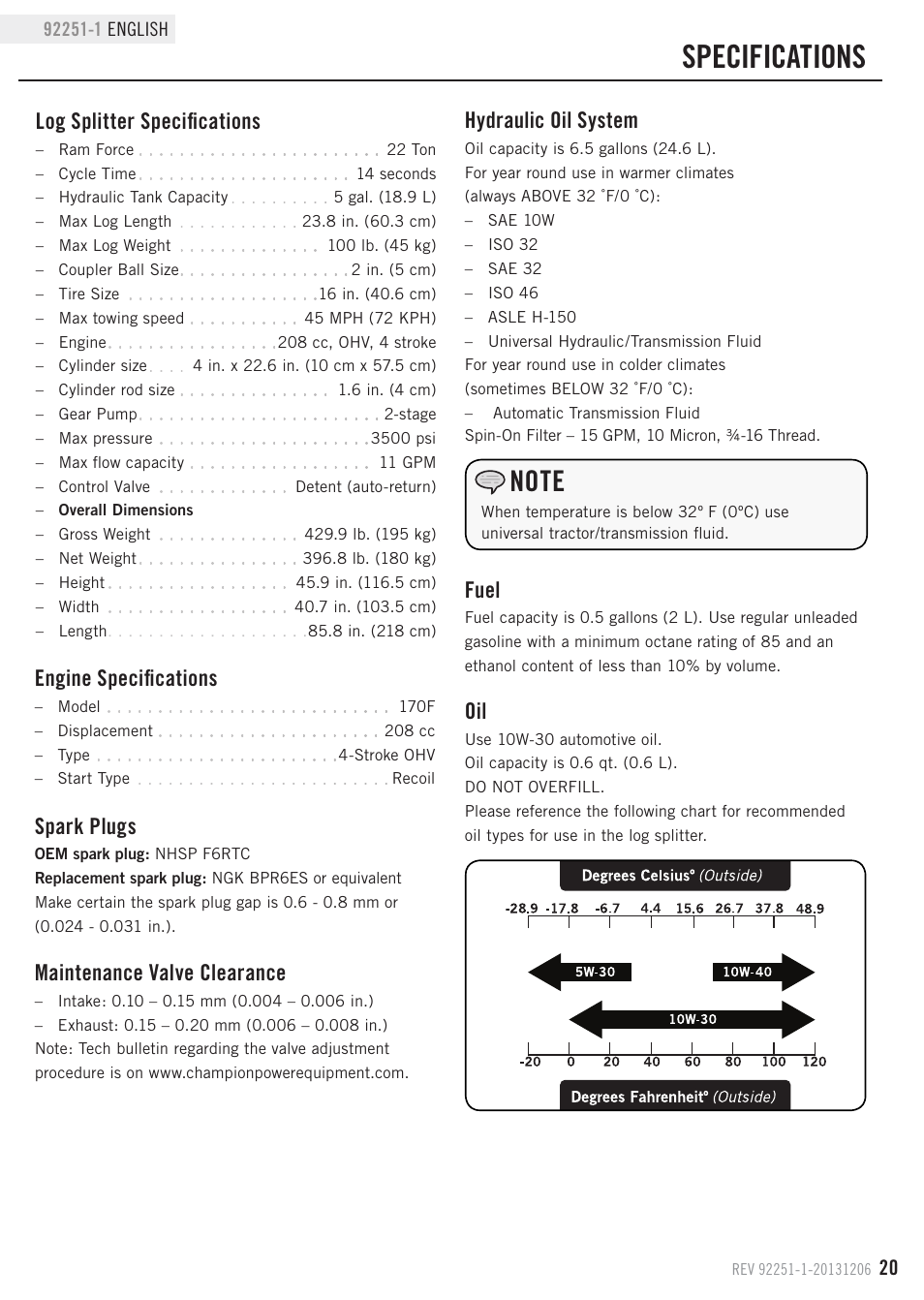 Specifications, Log splitter specifications, Engine specifications | Spark plugs, Fuel, Maintenance valve clearance, Hydraulic oil system | Champion Power Equipment 92251-1 User Manual | Page 23 / 31