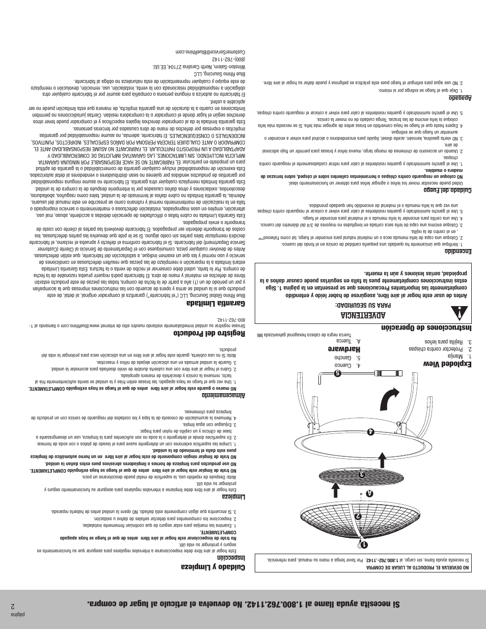 Instrucciones de operación advertencia, Cuidado y limpieza, Registro del producto | Garantia limitada, Exploded view, Hardware, 12 3 4 a | Blue Rhino WAD700W User Manual | Page 3 / 4