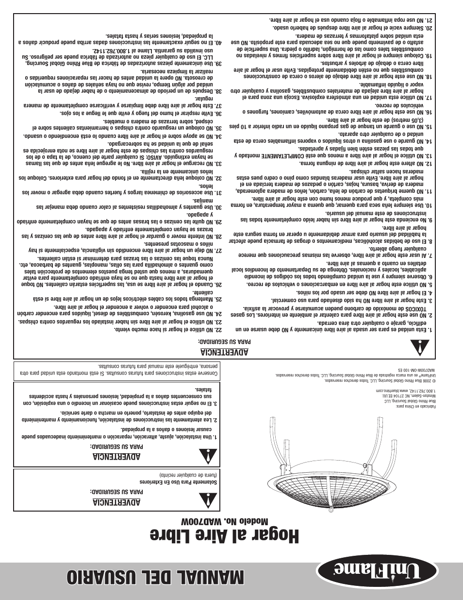 Manual del usu ario hogar al aire libre, Modelo no. wad700w, Advertencia | Blue Rhino WAD700W User Manual | Page 4 / 4