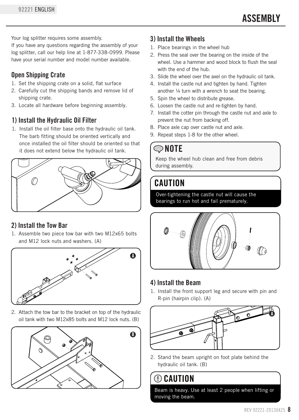 Assembly, Caution, Open shipping crate | 2) install the tow bar, 3) install the wheels, 4) install the beam, 1) install the hydraulic oil filter | Champion Power Equipment 92221 User Manual | Page 11 / 32