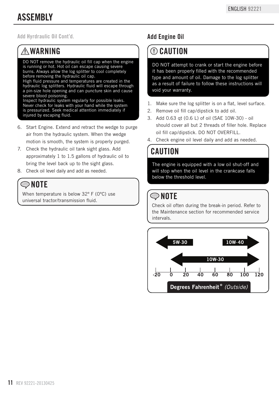 Assembly, Caution, Warning | Add engine oil | Champion Power Equipment 92221 User Manual | Page 14 / 32