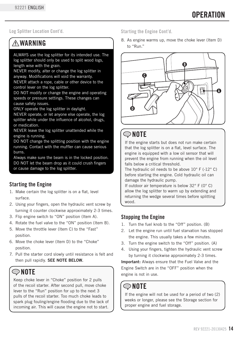 Operation, Warning, Starting the engine | Stopping the engine | Champion Power Equipment 92221 User Manual | Page 17 / 32