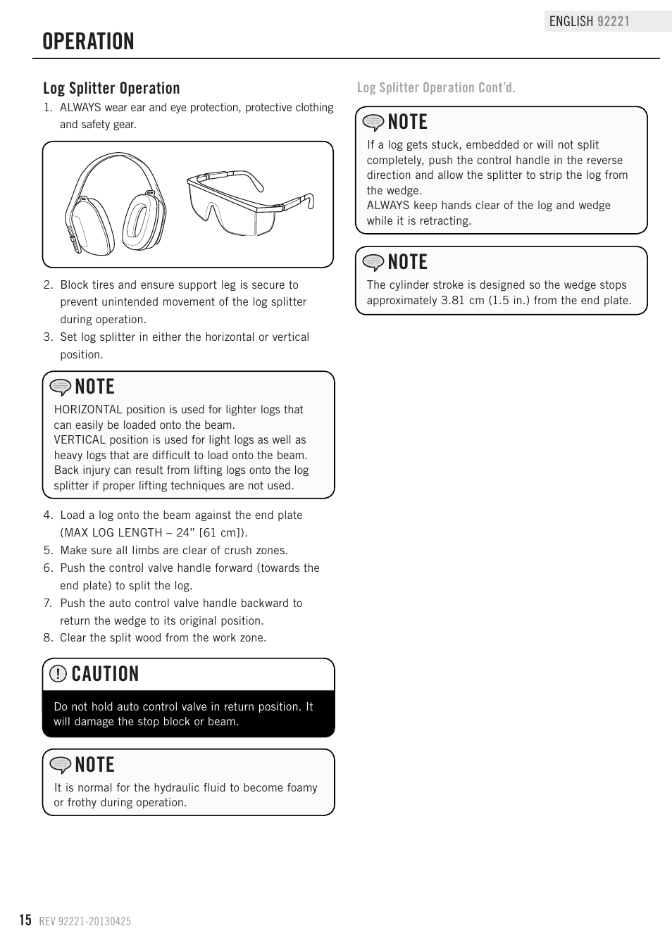 Operation, Caution, Log splitter operation | Champion Power Equipment 92221 User Manual | Page 18 / 32