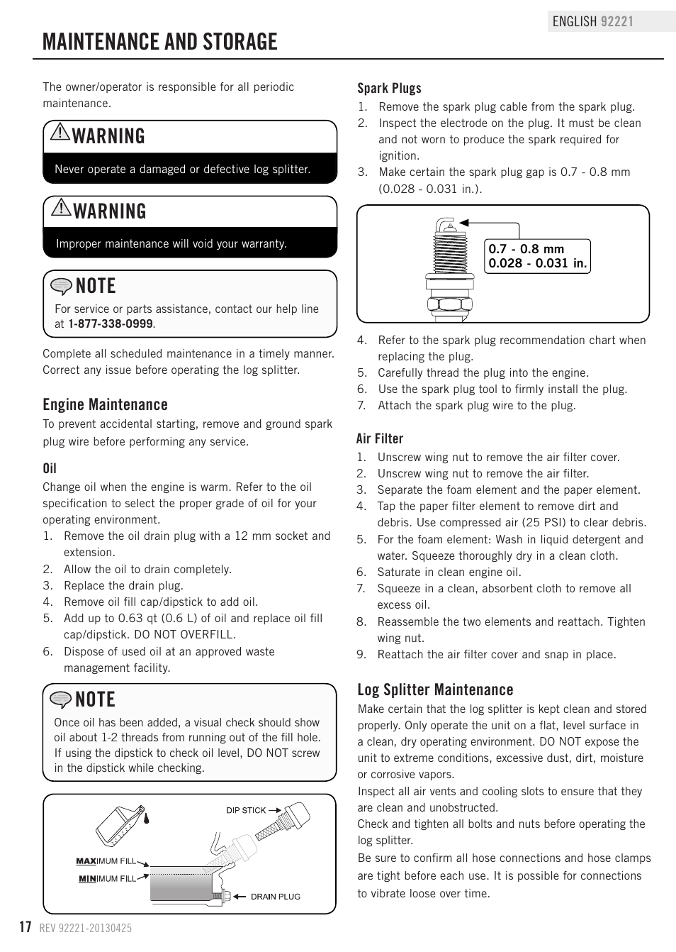 Maintenance and storage, Warning, Engine maintenance | Log splitter maintenance | Champion Power Equipment 92221 User Manual | Page 20 / 32