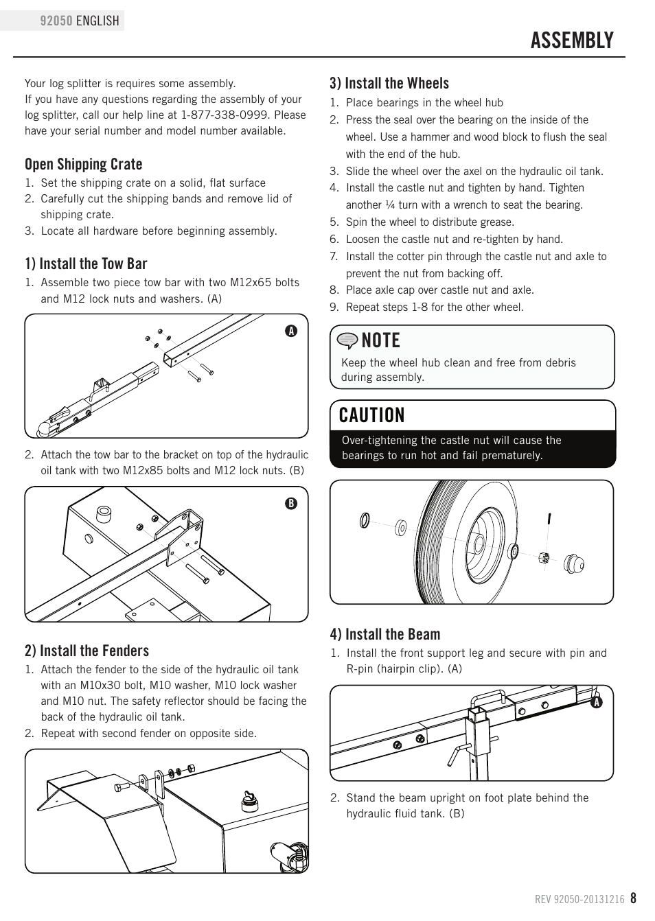 Assembly, Caution, Open shipping crate | 1) install the tow bar, 3) install the wheels, 2) install the fenders, 4) install the beam | Champion Power Equipment 92050 User Manual | Page 11 / 29