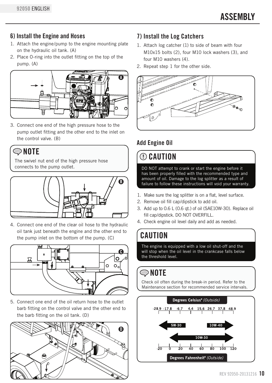 Assembly, Caution, 6) install the engine and hoses | Add engine oil, 7) install the log catchers | Champion Power Equipment 92050 User Manual | Page 13 / 29
