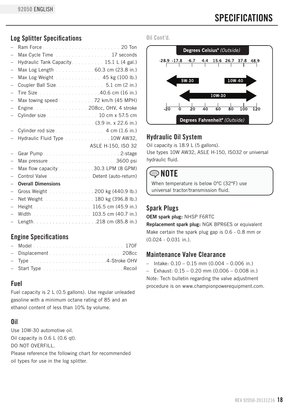 Specifications, Fuel, Log splitter specifications | Maintenance valve clearance, Spark plugs, Hydraulic oil system, Engine specifications | Champion Power Equipment 92050 User Manual | Page 21 / 29