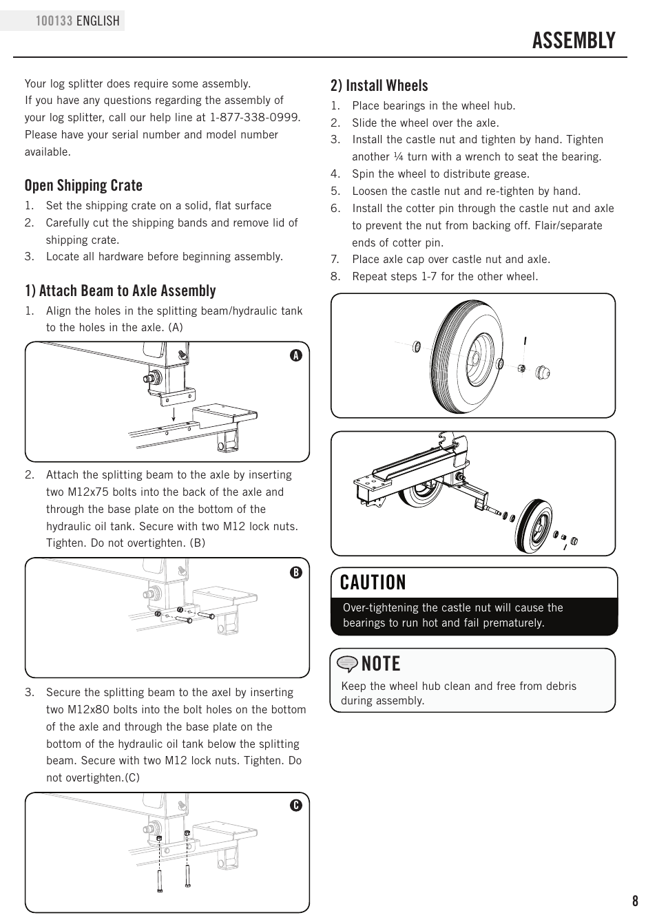 Assembly, Caution, Open shipping crate | 1) attach beam to axle assembly, 2) install wheels | Champion Power Equipment 100133 User Manual | Page 11 / 32