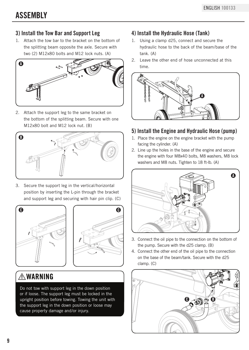 Assembly, Warning, 3) install the tow bar and support leg | 4) install the hydraulic hose (tank), 5) install the engine and hydraulic hose (pump) | Champion Power Equipment 100133 User Manual | Page 12 / 32