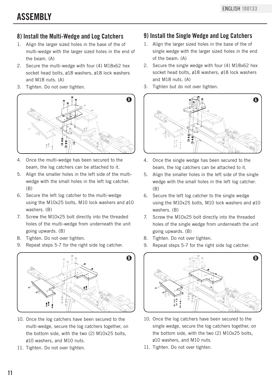 Assembly, 8) install the multi-wedge and log catchers, 9) install the single wedge and log catchers | Champion Power Equipment 100133 User Manual | Page 14 / 32