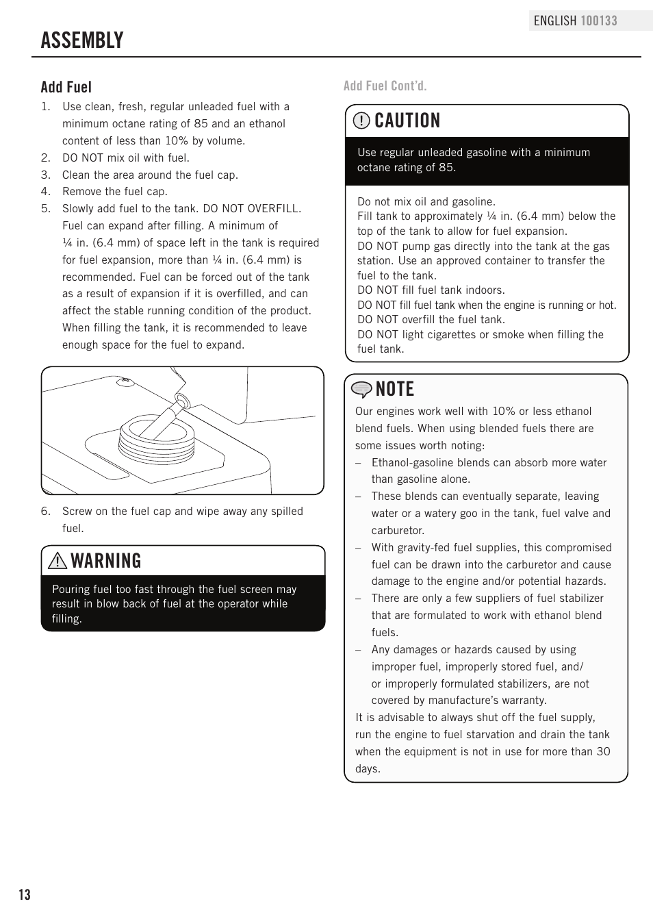 Assembly, Warning, Caution | Add fuel | Champion Power Equipment 100133 User Manual | Page 16 / 32