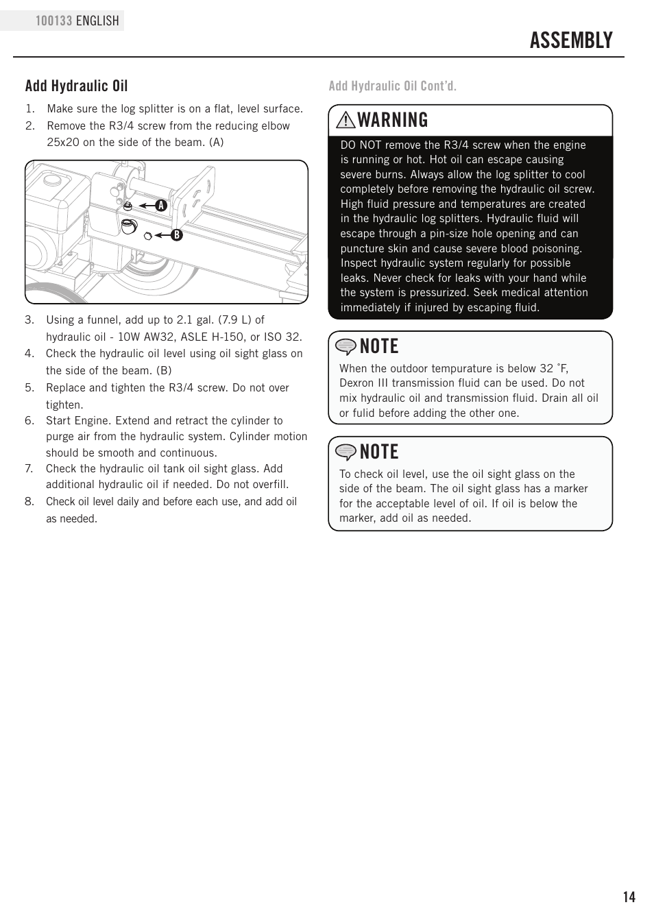 Assembly, Warning, Add hydraulic oil | Champion Power Equipment 100133 User Manual | Page 17 / 32