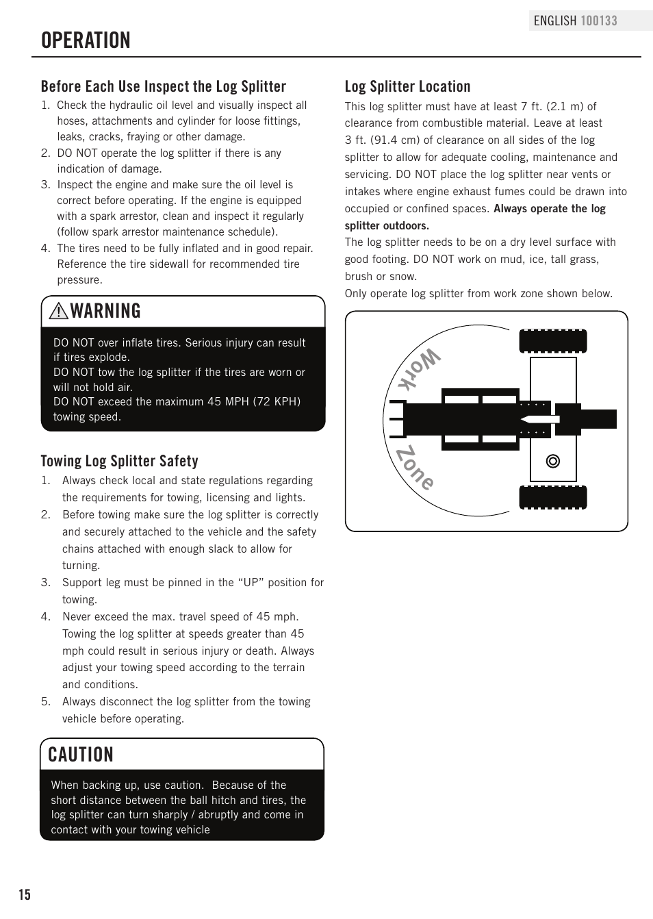 Operation, Wo rk zo ne, Warning | Caution | Champion Power Equipment 100133 User Manual | Page 18 / 32