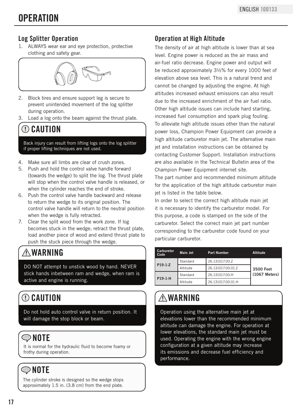 Operation, Caution, Warning | Log splitter operation, Operation at high altitude | Champion Power Equipment 100133 User Manual | Page 20 / 32