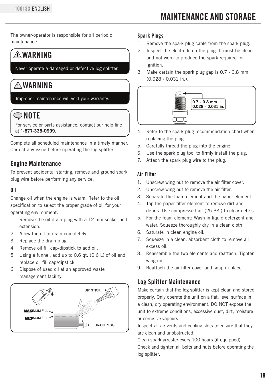 Maintenance and storage, Warning, Engine maintenance | Log splitter maintenance | Champion Power Equipment 100133 User Manual | Page 21 / 32