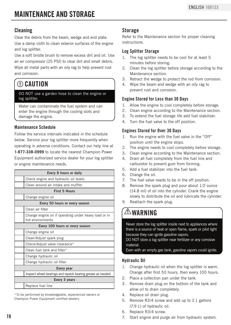 Maintenance and storage, Caution, Warning | Cleaning, Storage | Champion Power Equipment 100133 User Manual | Page 22 / 32