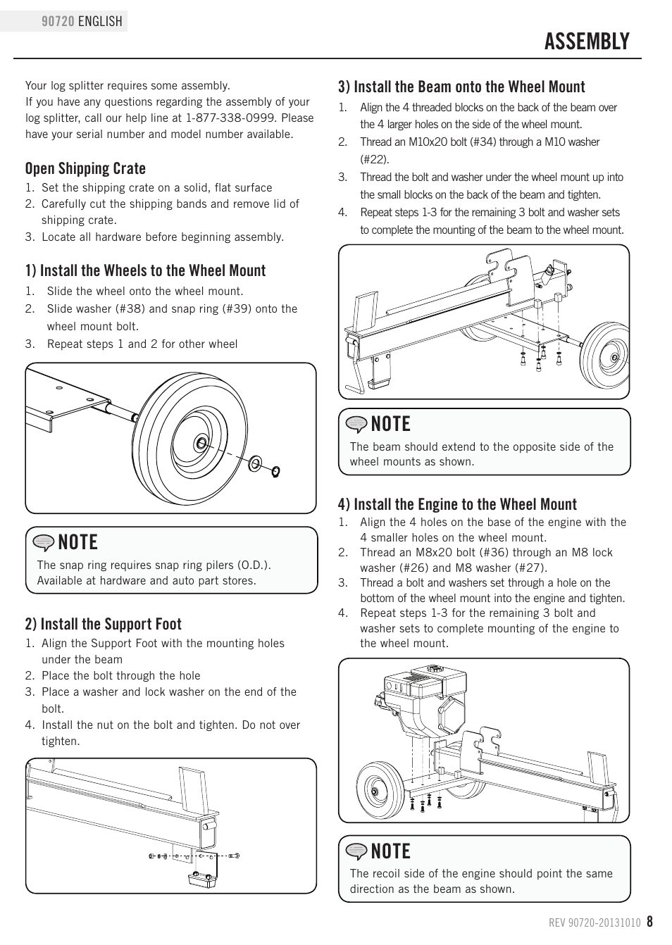 Assembly, Open shipping crate, 1) install the wheels to the wheel mount | 2) install the support foot, 3) install the beam onto the wheel mount, 4) install the engine to the wheel mount | Champion Power Equipment 90720 User Manual | Page 11 / 30