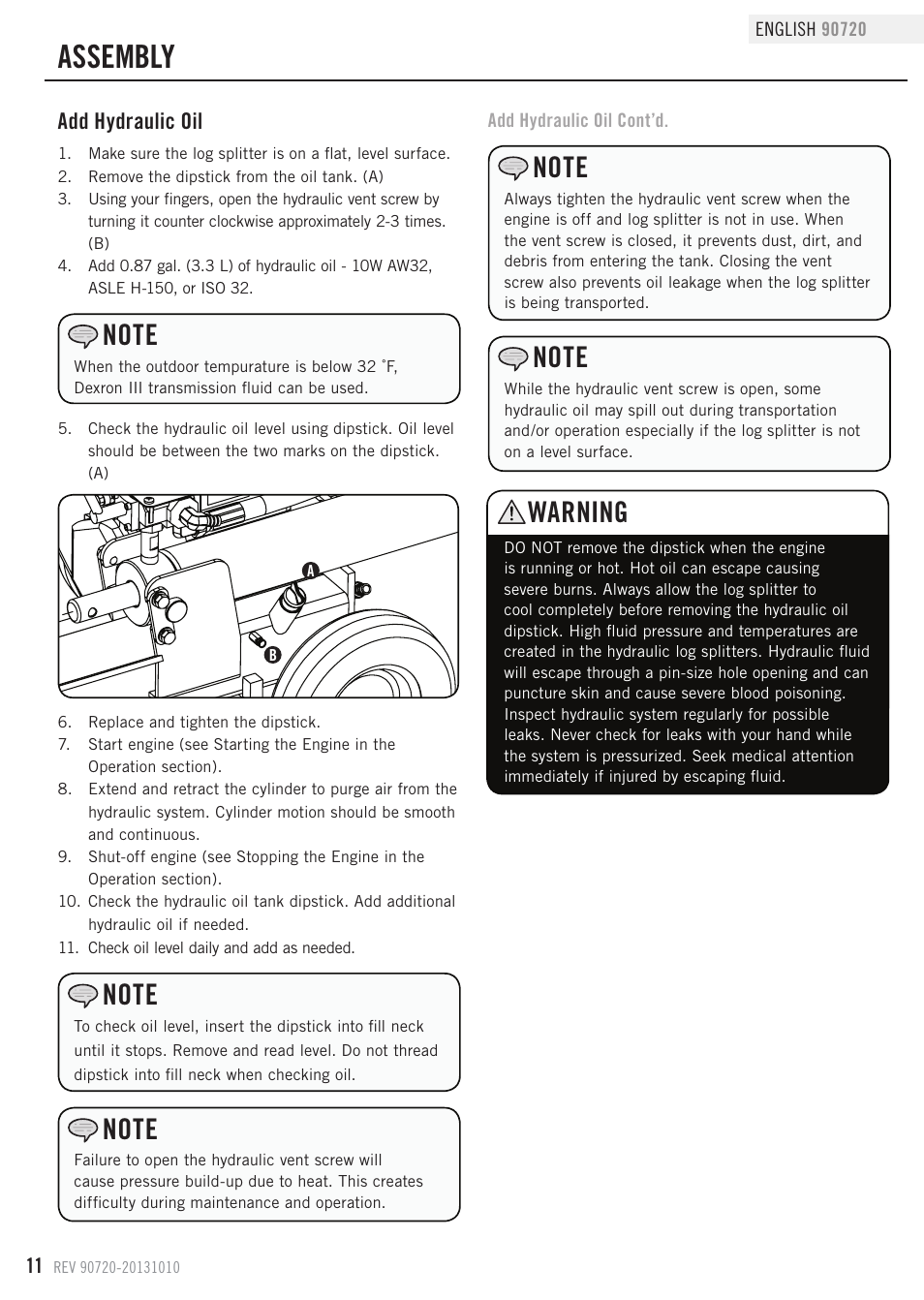 Assembly, Warning, Add hydraulic oil | Champion Power Equipment 90720 User Manual | Page 14 / 30