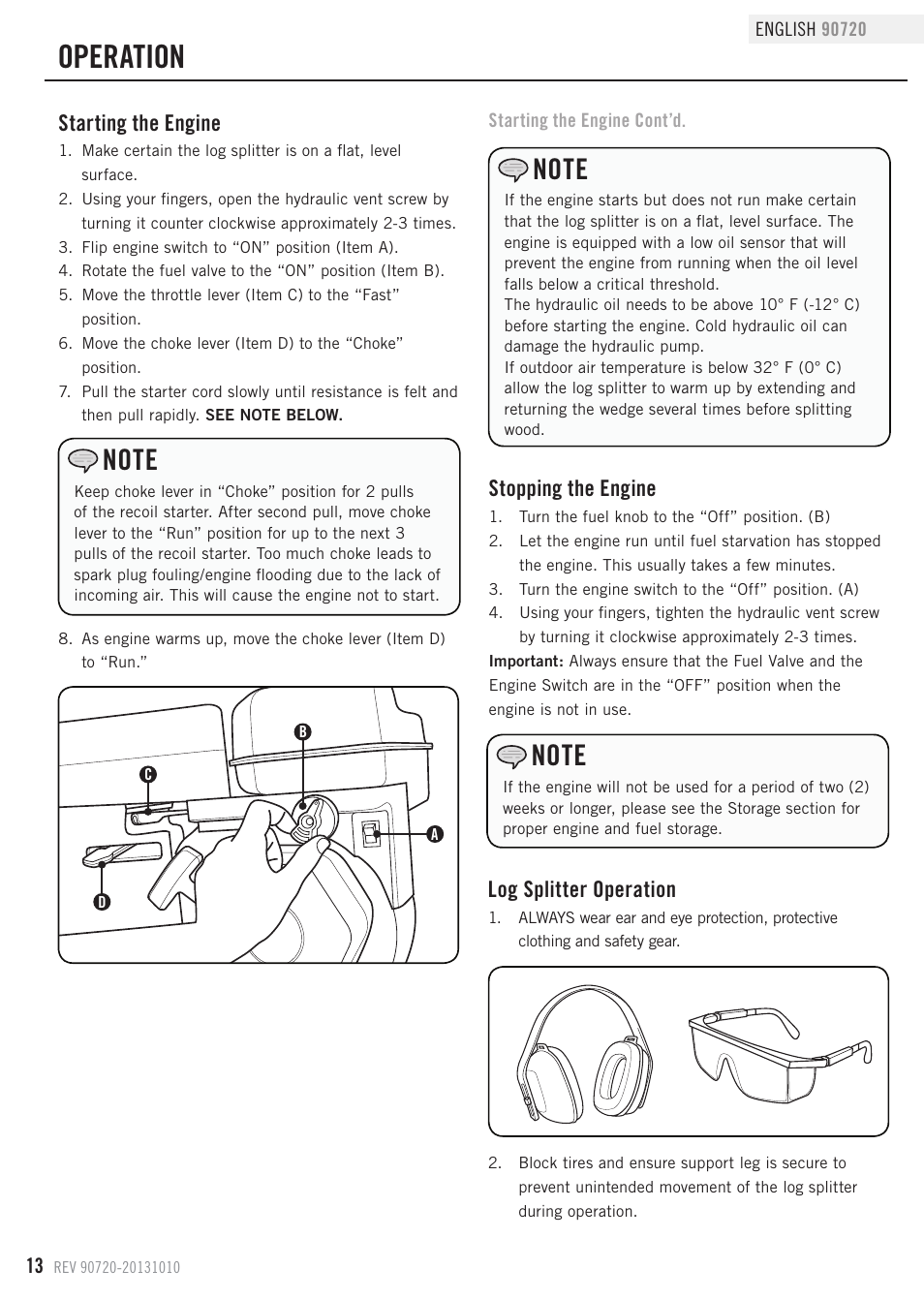 Operation, Starting the engine, Stopping the engine | Log splitter operation | Champion Power Equipment 90720 User Manual | Page 16 / 30