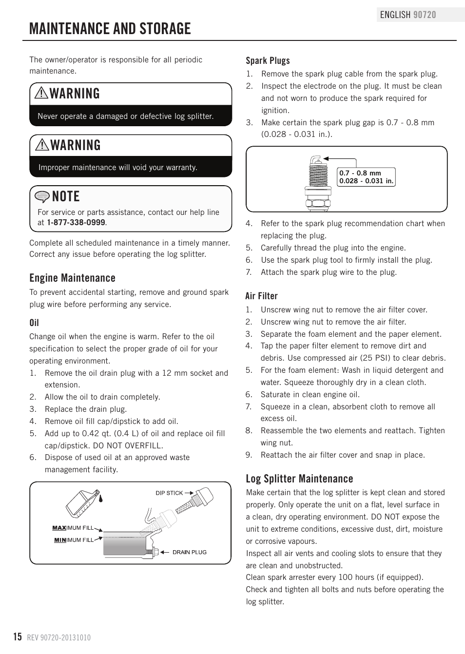 Maintenance and storage, Warning, Engine maintenance | Log splitter maintenance | Champion Power Equipment 90720 User Manual | Page 18 / 30